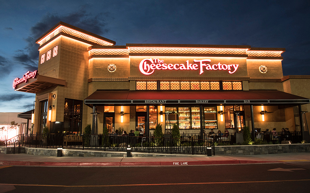 Exteria Lighting SP-8 solar bollards illuminating the pedestrian walkway at The Cheesecake Factory in Albuquerque, New Mexico