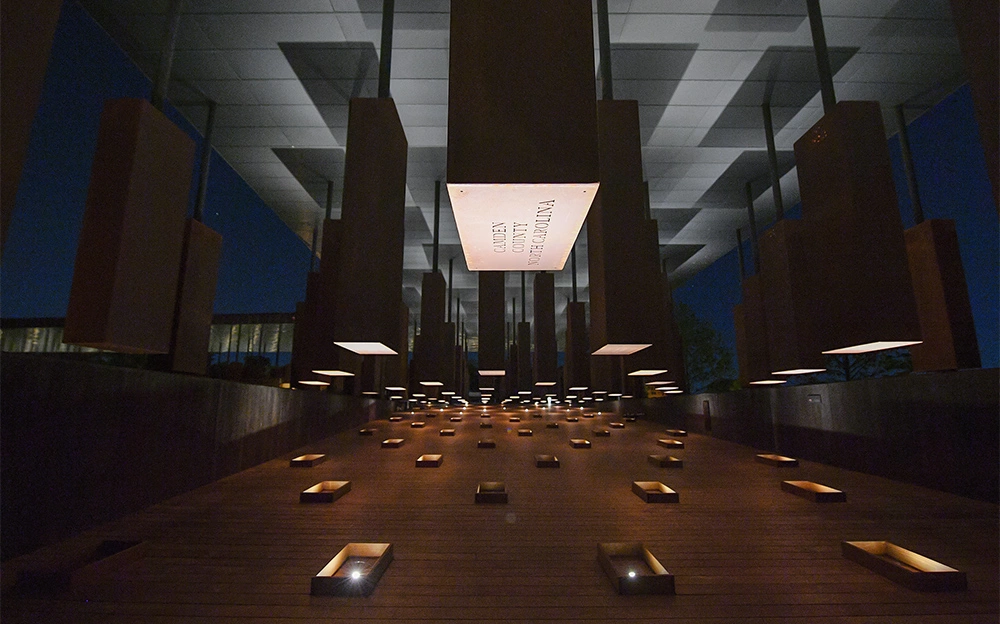 Exteria Lighting SP-7 solar LED bollards illuminating the walkway at the National Memorial for Peace and Justice in Montgomery, Alabama