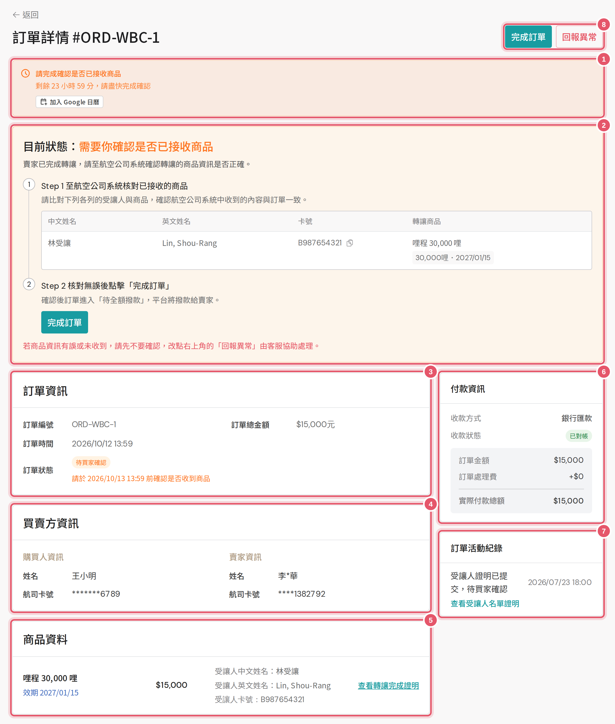 訂單詳情頁各區塊說明(電腦版)
