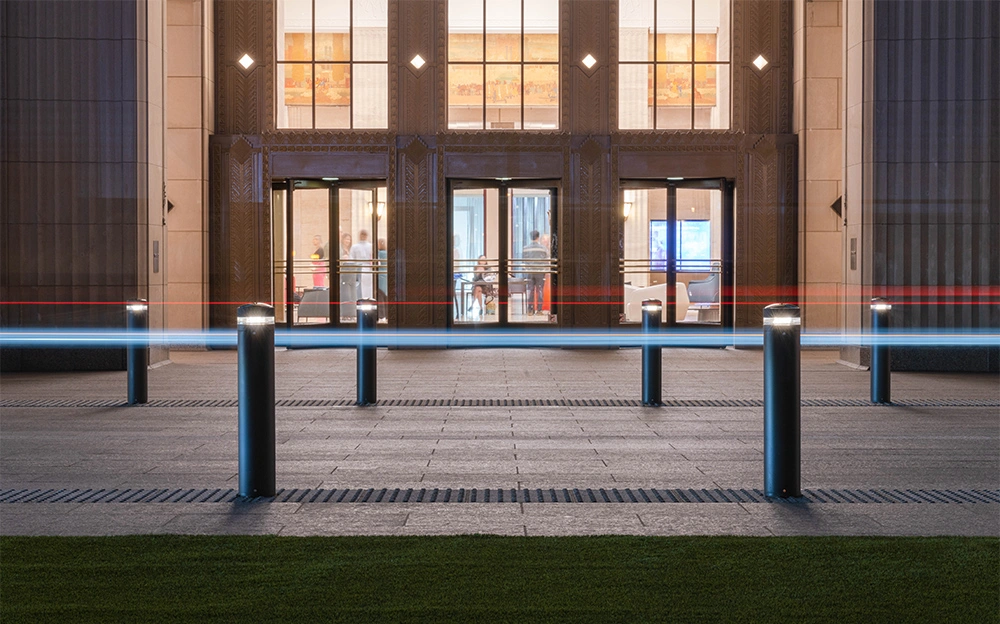 Exteria Lighting SP-010 solar LED bollards illuminating the pedestrian walkway at Merchandise Mart Plaza, Chicago