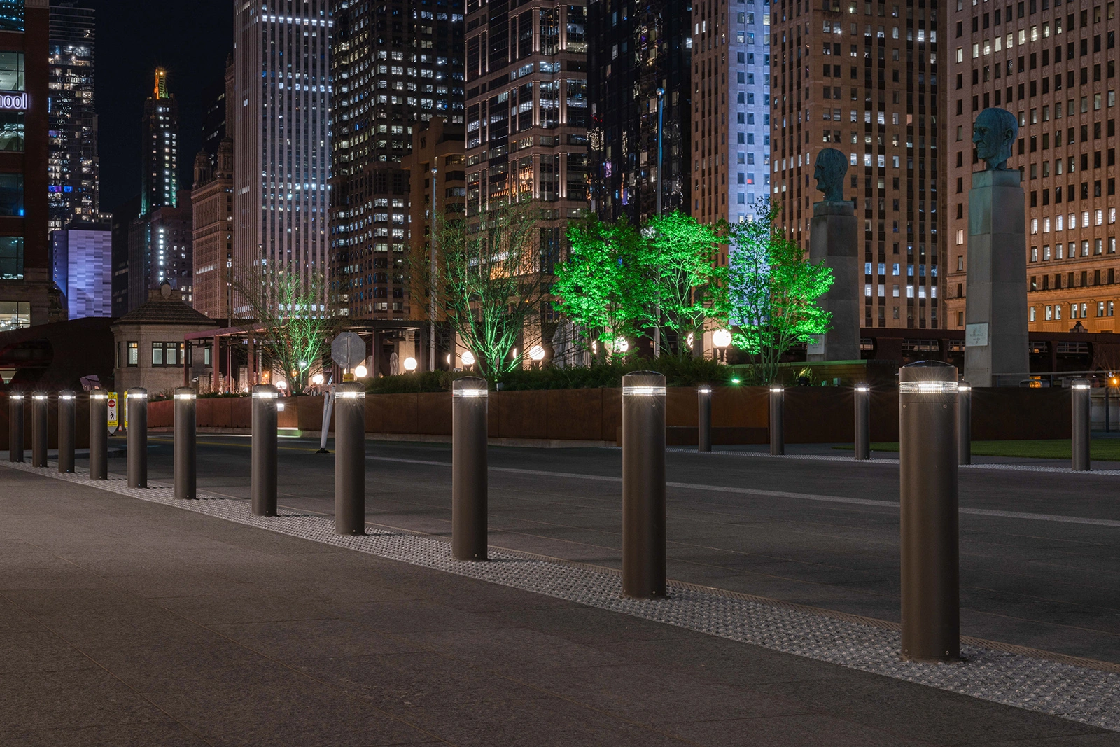 Exteria Lighting SP-010 solar LED bollards illuminating the pedestrian walkway at Merchandise Mart Plaza, Chicago