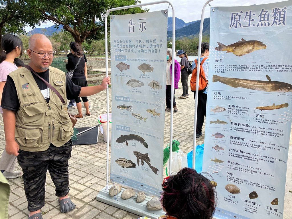熊良心教導參與活動的民眾,如何辨別外來種與原生種魚類。攝影:萬巧蓉