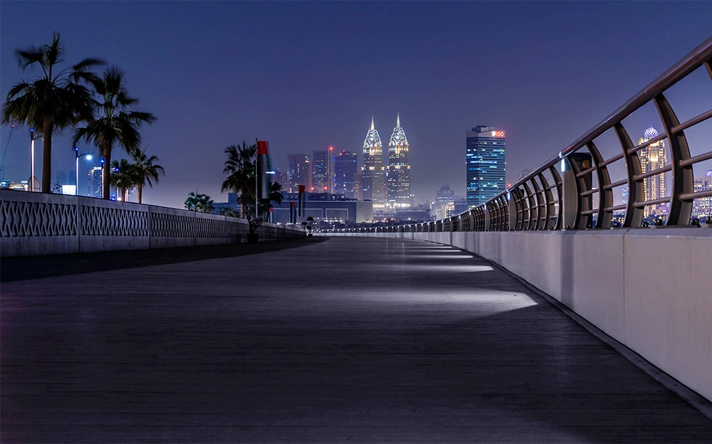 Exteria Lighting SP-8 solar LED bollards illuminating the scenic Palm Jumeirah Boardwalk in Dubai