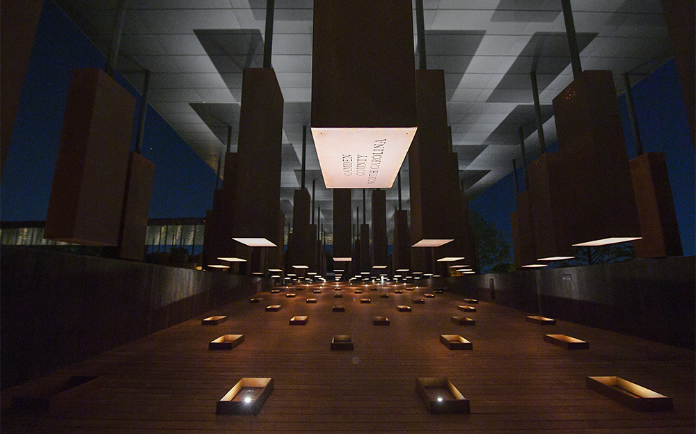 Exteria Lighting SP-7 solar LED bollards illuminating the walkway at the National Memorial for Peace and Justice in Montgomery, Alabama